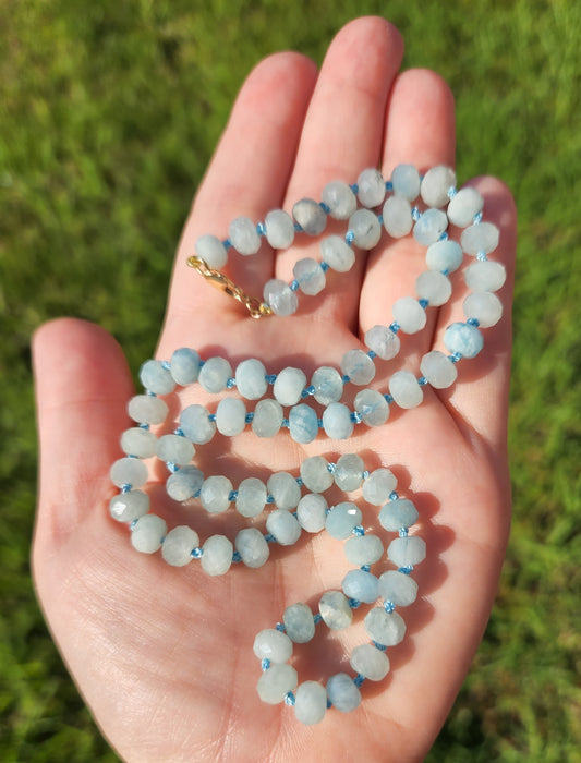 Aquamarine Knotted 19" Strand with 14K Clasp, Candy Gemstone Necklace