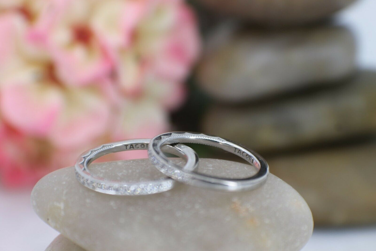 Tacori 18K White Gold Diamond Bands, set of 2 matched, in Costal Crescent pattern