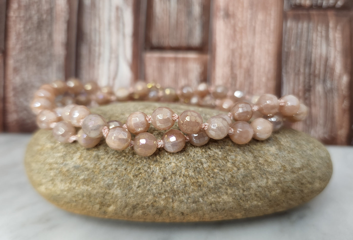 Mystic Peach moonstone Knotted 18" Strand with 14K Clasp, Candy Gemstone Style Necklace